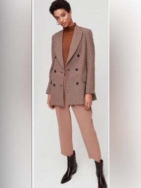 Wilfred Margaux (Aritzia) Double-Breasted Checked Blazer in Brown & Tan